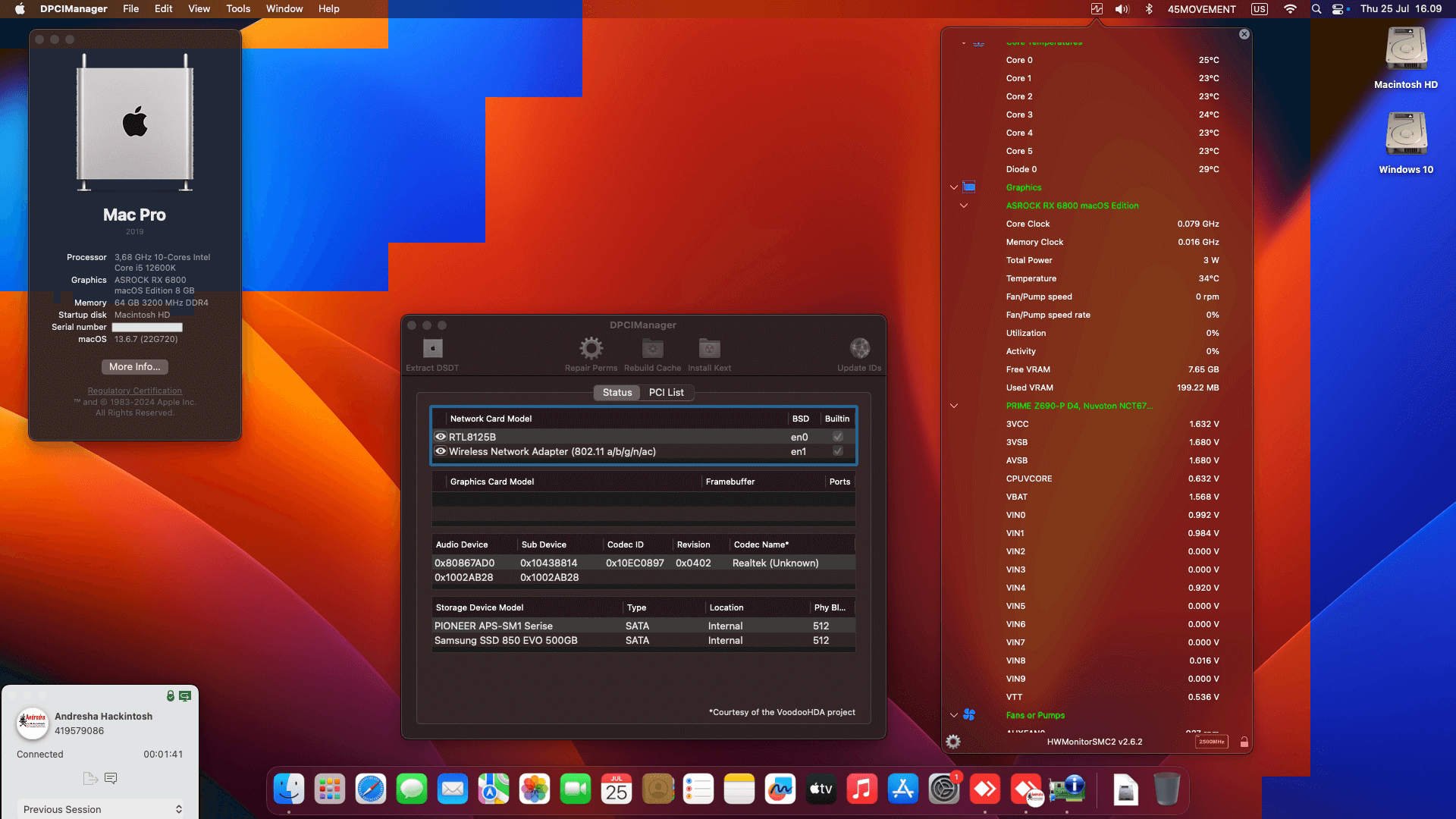 Success Hackintosh macOS Ventura 13.6.7 Build 22G720 in Asus Prime Z690-P D4 + Intel Core i5 12600K + Asrock RX 6600